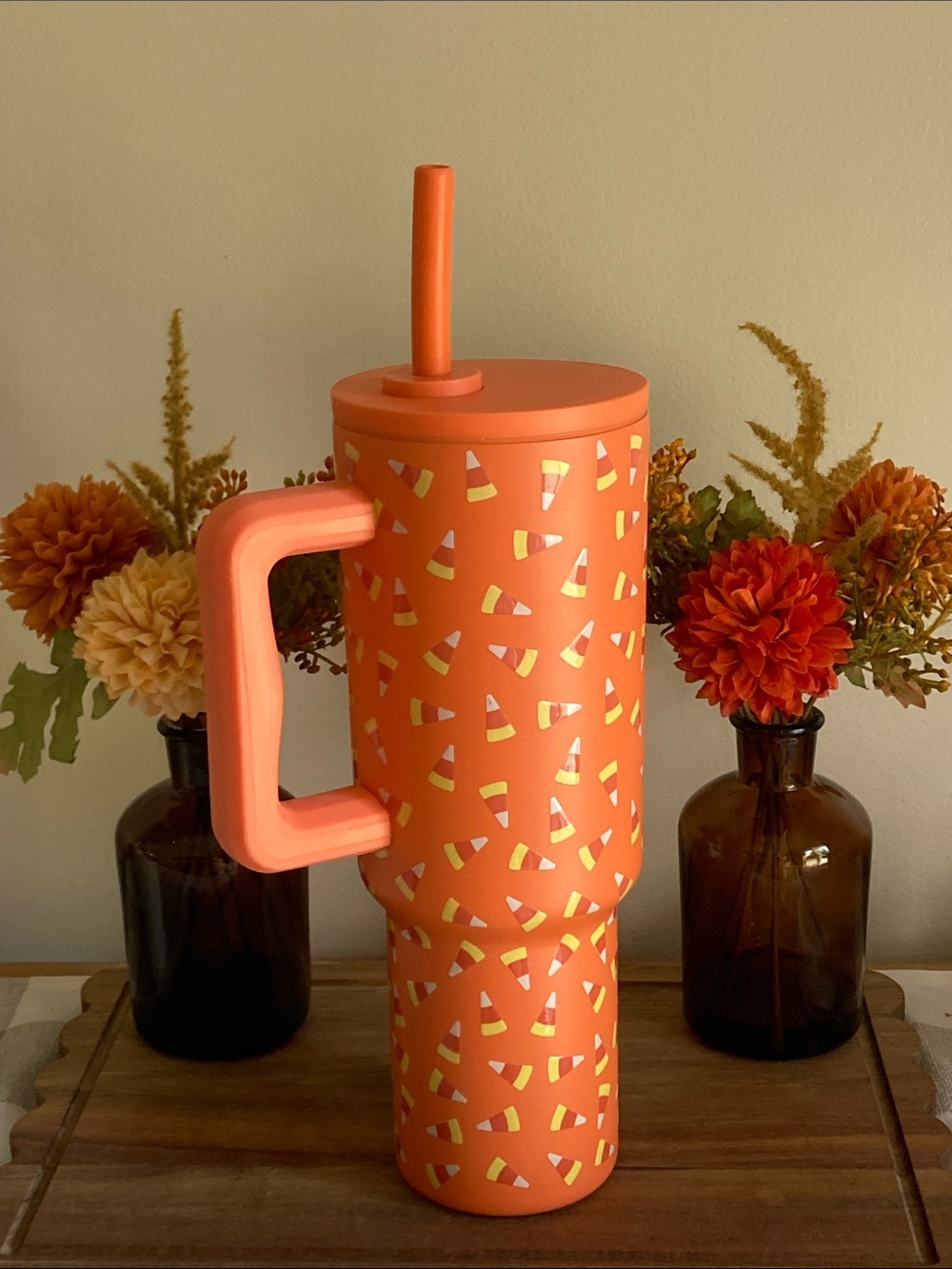 Festive Orange Candy-Corn Travel Tumbler with Handle and Straw